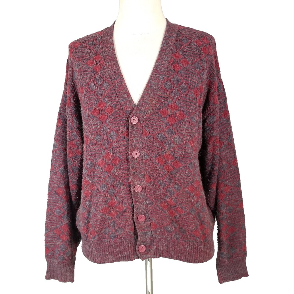 White Oak Cardigan Sweater Mens L Red Fuzzy Grandpa Grunge Retro‎ 90s Style